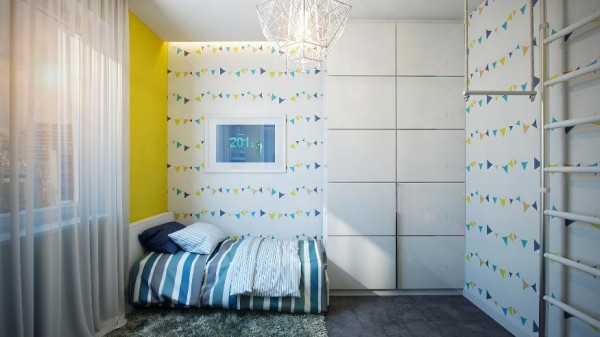 The children's bedroom is the most colorful in the apartment and makes good use of a small space by keeping furniture simple with a small bed and desk for homework. There is even room to play with the added jungle gym equipment which would be a child's dream come true.