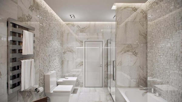The bathroom continues the concept of grand space with a full shower and separate bathtub, double sink vanity, and even recessed cabinets hiding the washer and dryer. The marble and tile work are beautiful and make it a luxurious atmosphere.