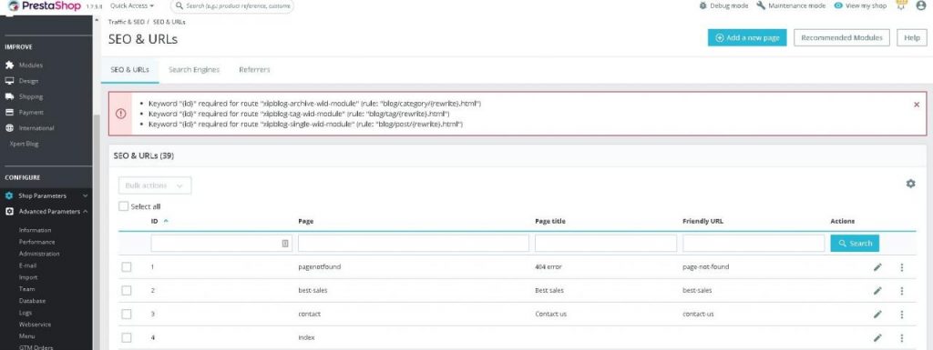 Keyword “{id}” required for route error after upgrade to 1.7.5 – php7.2 and prestashop 1.7