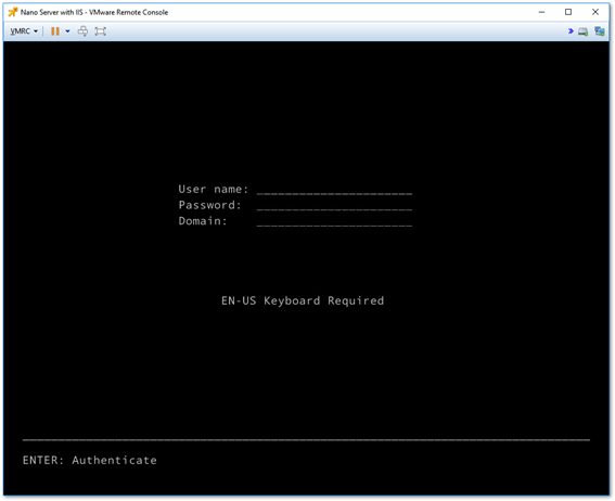 Nano Server\'s Recovery Console log on screen